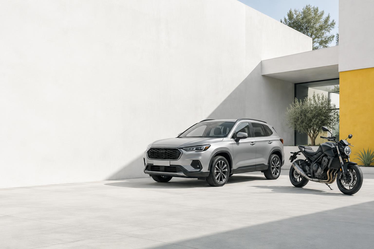Carro prata e moto preta em um espaço contemporâneo claro com detalhes amarelos